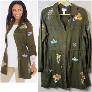 Chico's Embroidered Military-Style Anorak Jacket in Olive Green Size Medium